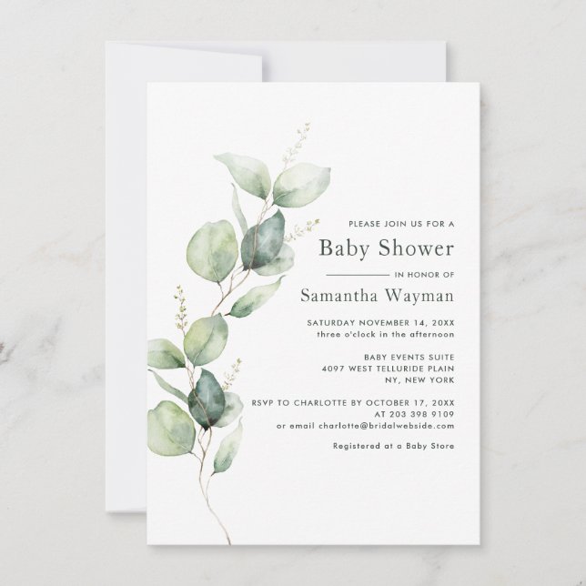 Eucalyptus Minimalist Greenery Baby Shower Inbjudningar (Framsida)