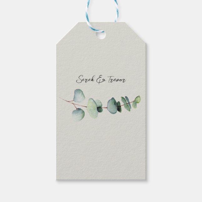 Eucalyptus Minimalist Watercolor Bröllop Presentetikett (Framsidan)