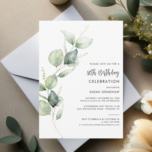 Eucalyptus Minimalistisk 80:e Födelsedagsfest Inbjudningar (80th Birthday Party Sage Green Eucalyptus Stem Invitation)
