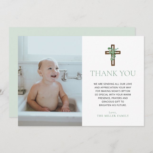 Eucalyptus Modern Baptism Photo Thank You Cards Inbjudningar (Fram/baksida)