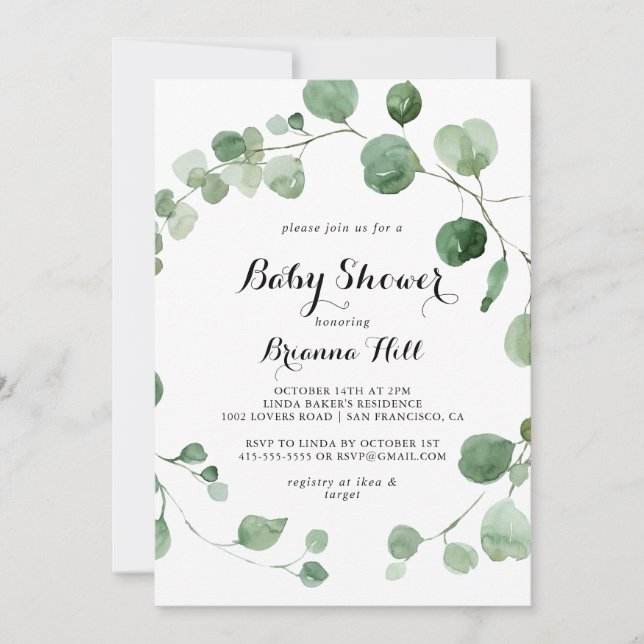 Eucalyptus Modern calligraphy Baby Shower Inbjudningar (Framsida)