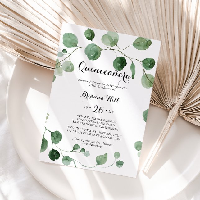 Eucalyptus Modern calligraphy Quinceañera Inbjudningar (Skapare uppladdad)
