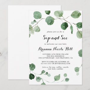 Eucalyptus Modern Calligraphy Sip and See Inbjudningar