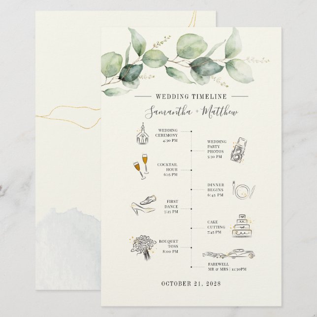 Eucalyptus Modern Icon Bröllop Itinerary Program Brevpapper (Fram/baksida)