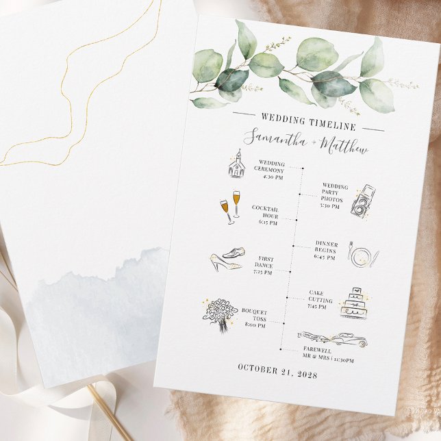 Eucalyptus Modern Icon Bröllop Itinerary Program Brevpapper (Eucalyptus Modern Icon Wedding Itinerary Program Stationery)