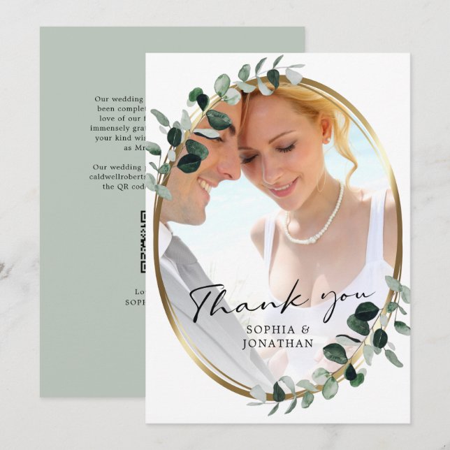 Eucalyptus Modern kalligrafi QR-kod Bröllop än Tack Kort (Fram/baksida)