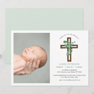 Eucalyptus Modern Kor-foto-baptism i vattenfärg Inbjudningar