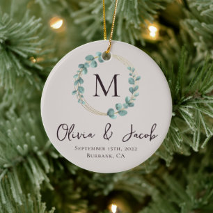 Eucalyptus Monogram Foto Bröllop i första jul Julgransprydnad Keramik