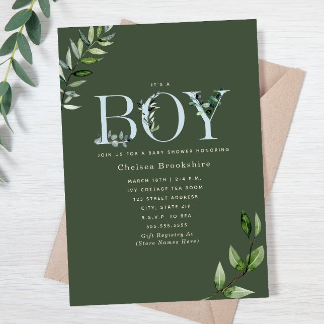 Eucalyptus Mörk grönt Boy Baby Shower Inbjudningar (Skapare uppladdad)