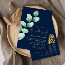 Eucalyptus Navy Blue Guld QR-kodskript Bröllop