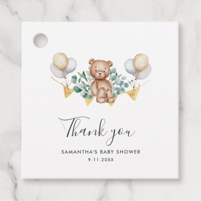 Eucalyptus och Bear Rustic Baby Shower Tack Gåvor Etiketter (Framsida)
