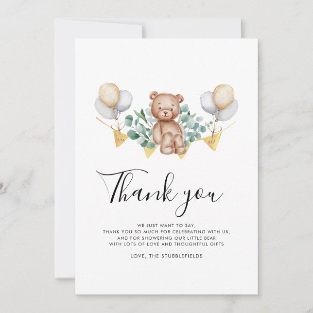 Eucalyptus och Bear Rustic Unge Bear Baby Shower Tack Kort (Framsida)