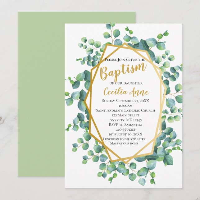 Eucalyptus och Blommigt Baptism i Grönten Guld och Inbjudningar (Fram/baksida)