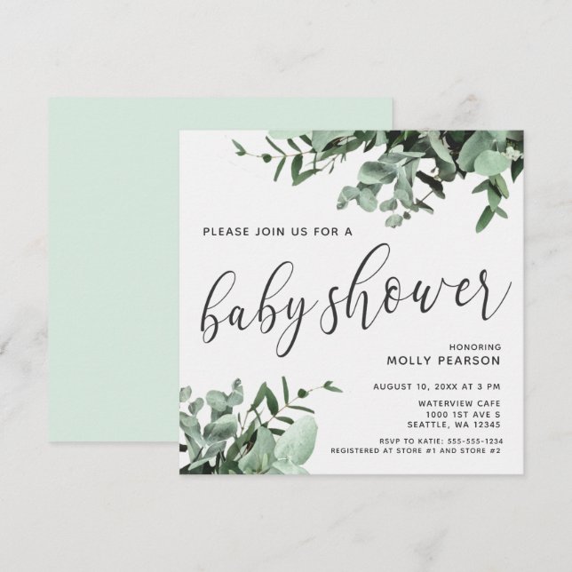 Eucalyptus och botaniskt vattenfärgat babyskor inbjudningar (Fram/baksida)