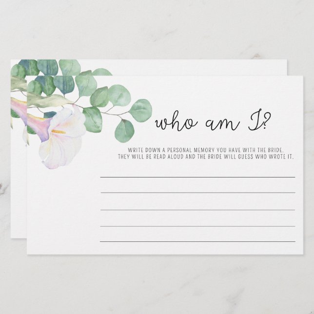 Eucalyptus och calla - Vem är jag möhippa-spel? Brevpapper (Fram/baksida)