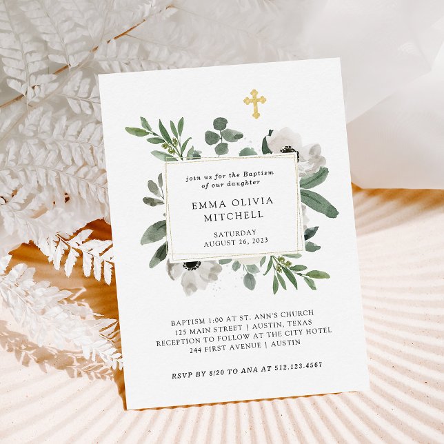 Eucalyptus och Elegant White Flowers | Baptism Inbjudningar (Skapare uppladdad)