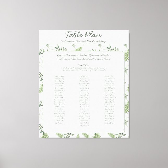 Eucalyptus och fern Bröllop:s sittplan Canvastryck (Framsida)