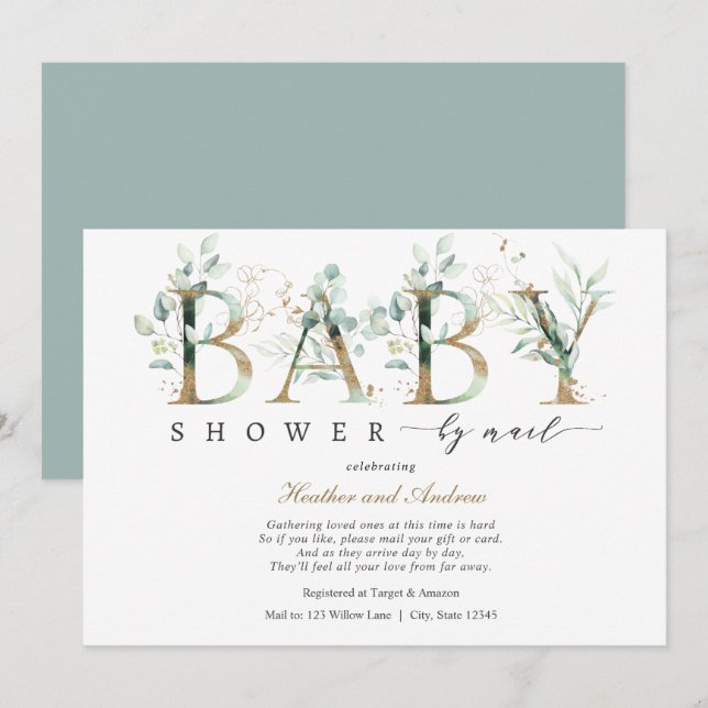 Eucalyptus och Guld Lettering Baby Shower by Mail Inbjudningar (Fram/baksida)