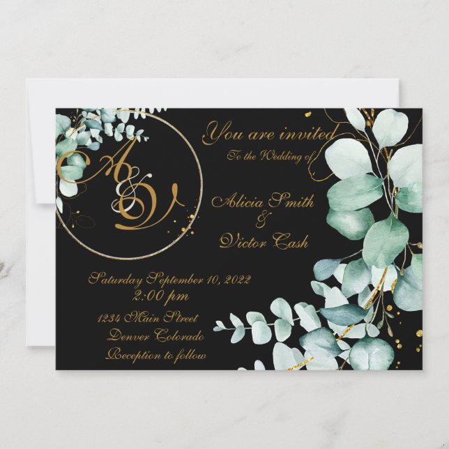 Eucalyptus och guld på svart inbjudan (Framsida)
