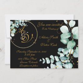 Eucalyptus och guld på svart inbjudan