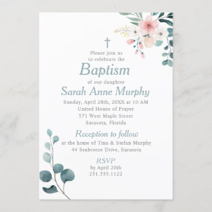 Eucalyptus och  Rosa Flower Baptism Inbjudningar