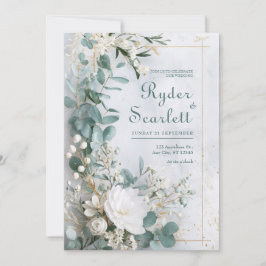 Eucalyptus och Vit Blommigt Bröllop Inbjudningar