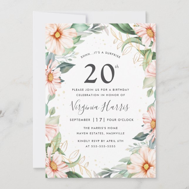 Eucalyptus Peach Blommigt 220: e födelsedagen Inbjudningar (Framsida)