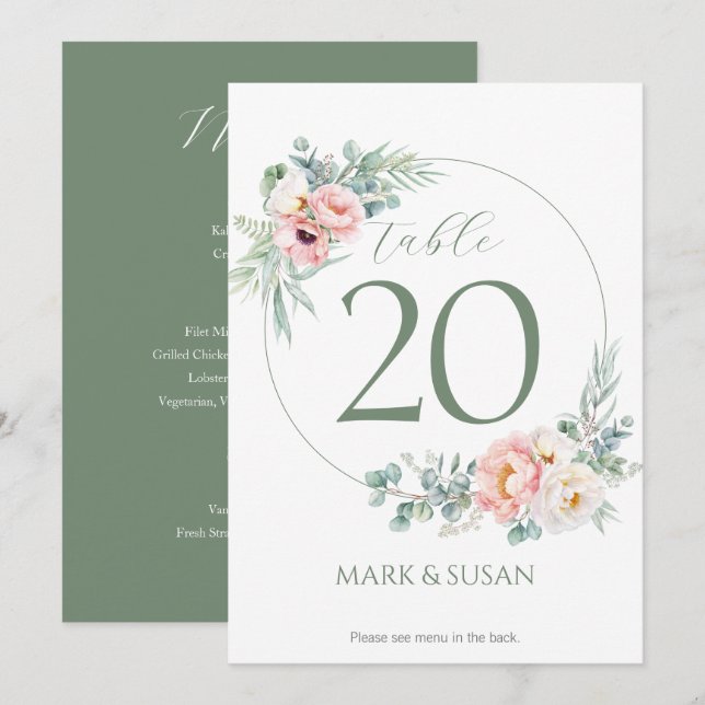 Eucalyptus Peonies Bröllop Bordsnummer & Menus (Fram/baksida)