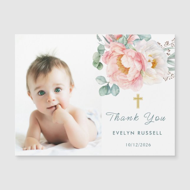 Eucalyptus Peony Baptism Photo Tack Magnetic (Framsida)