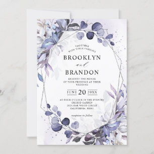 Eucalyptus Periwinkle Lila Geometric Bröllop Inbjudningar