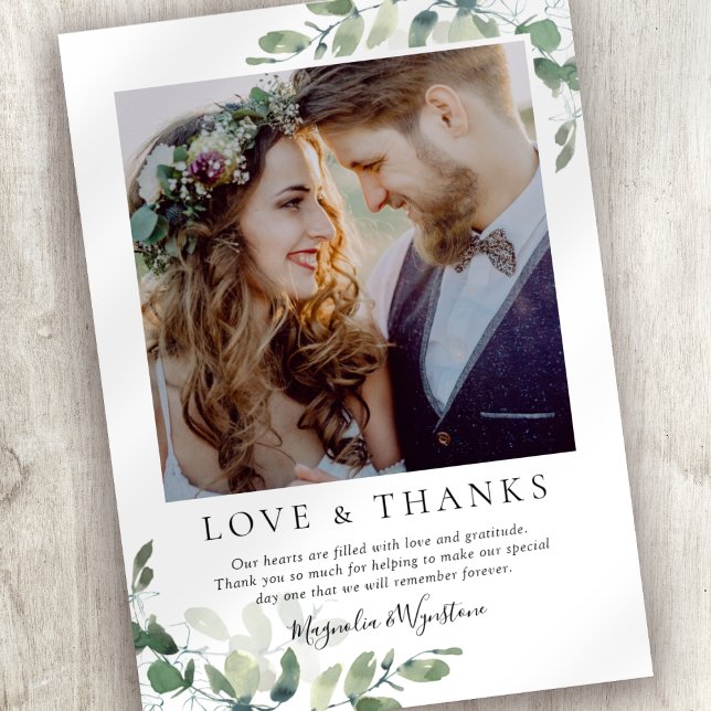 Eucalyptus Photo Bröllop Tack Kort (Thank friends and family for celebrating your wedding with this eucalyptus photo thank you card. )