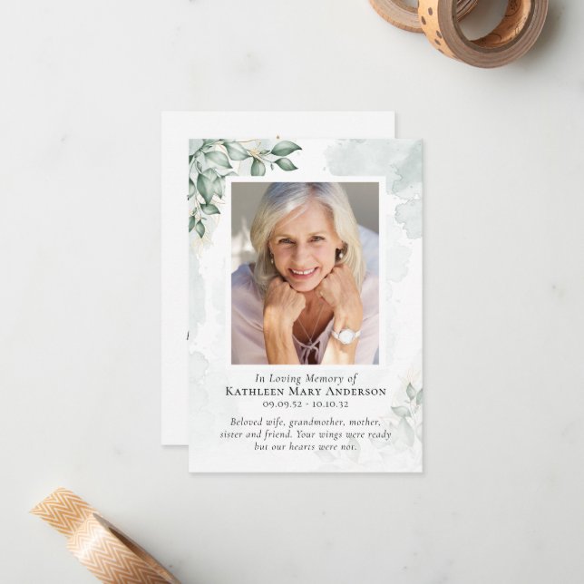 Eucalyptus Photo Memorial Prayer Card Anteckningskort (Fram/Back In Situ)