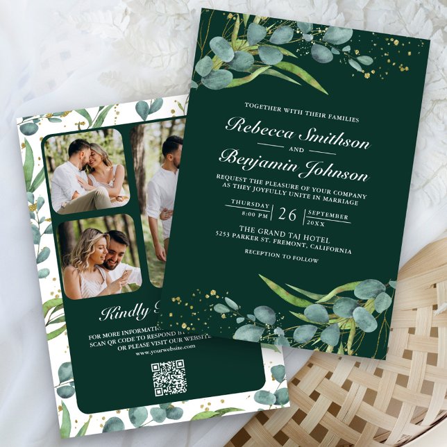 Eucalyptus Photo QR Code Emerald Green Wedding Inbjudningar (Skapare uppladdad)