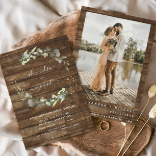 Eucalyptus Photo Rustic Land Wood Bröllop Inbjudningar