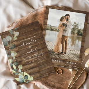 Eucalyptus Photo Rustic Wood Bröllop Inbjudningar