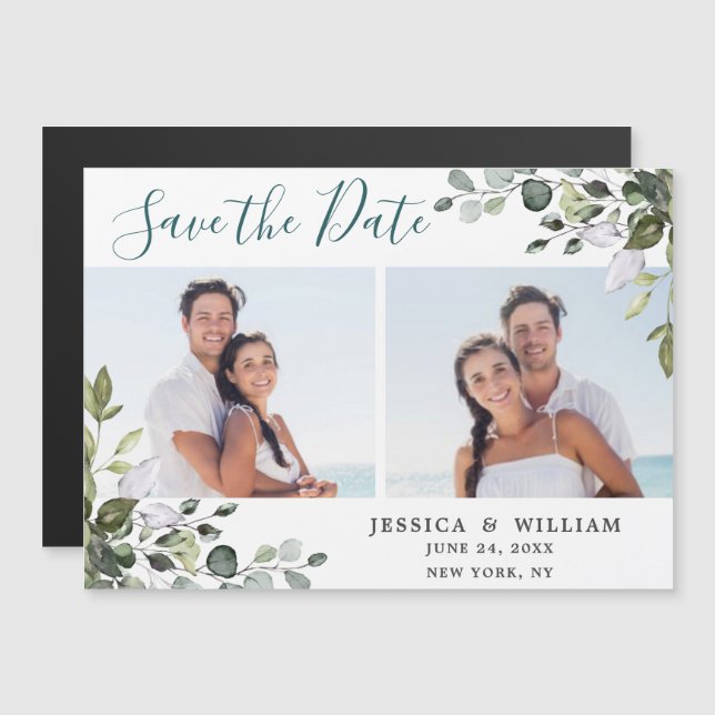 Eucalyptus PHOTO Save Date Magnetic Card (Fram/baksida)