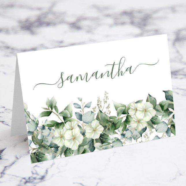 Eucalyptus-platskort för vattenfärgad Blommigt Bordsnummer (Watercolor Floral Individual Eucalyptus Place Card)