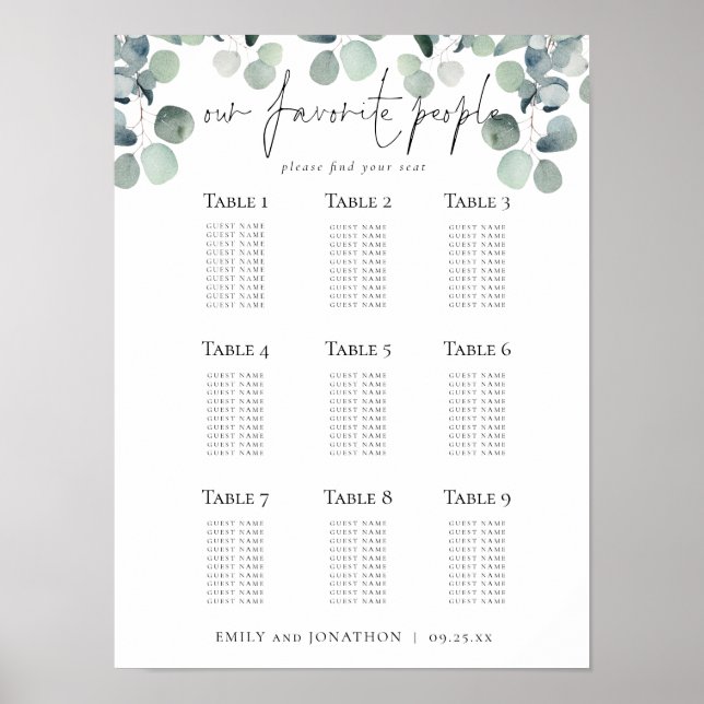 Eucalyptus Platsplan Bröllop Favoritpersoner Poster (Framsidan)