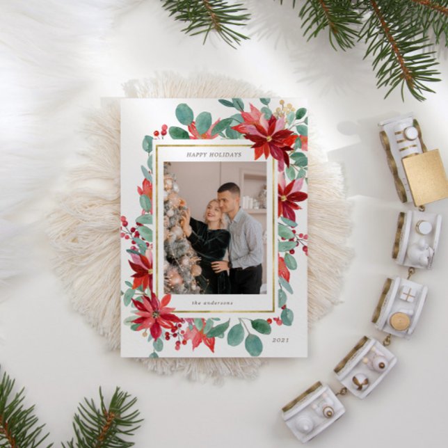Eucalyptus Poinsettia Blommigt Photo Helgdag Card Julkort (Skapare uppladdad)