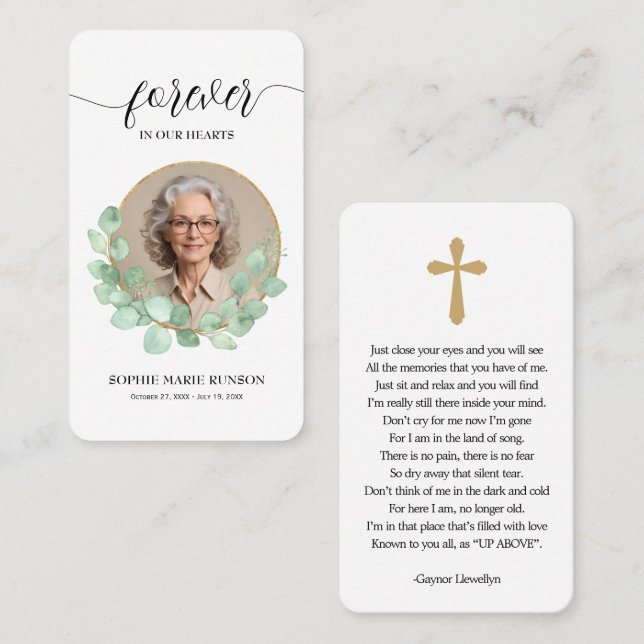 Eucalyptus Prayer Card för evigt i våra hjärtan Visitkort (Fram/baksida)