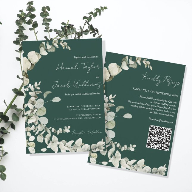 Eucalyptus QR Code Emerald Grönt Bröllop Inbjudningar (qr code wedding invitation emerald green)