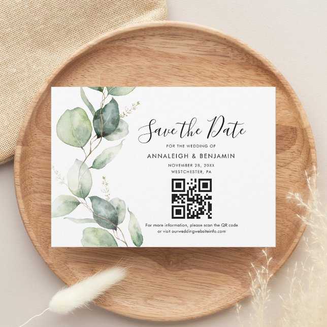 Eucalyptus QR- kod Botanical Bröllop spara datum Datumet (Eucalyptus QR Code Botanical Wedding Save The Date)