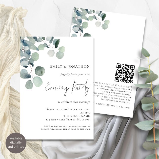 Eucalyptus QR-kod Bröllop Evening Inbjudningar (Front and back view)