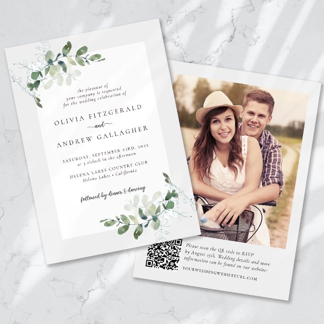Eucalyptus QR-kod Foto Bröllop Inbjudningar (Skapare uppladdad)