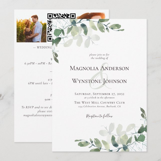 Eucalyptus QR- kod Foto Bröllop Itinerary Inbjudningar (Fram/baksida)