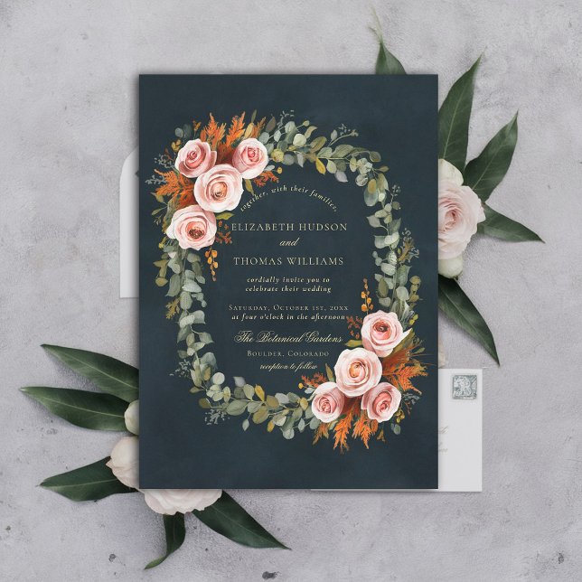 Eucalyptus Ro Copper Wandeand Ram Fall Bröllop Inbjudningar (fall wedding invitation botanical wreath roses eucalyptus elegant formal modern classic copper green)