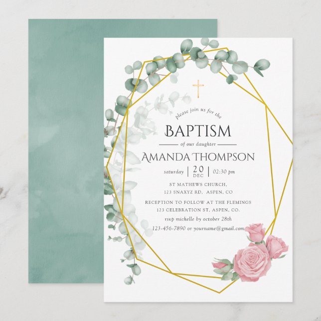 Eucalyptus Ro Geometric Baptism eller Christening Inbjudningar (Fram/baksida)