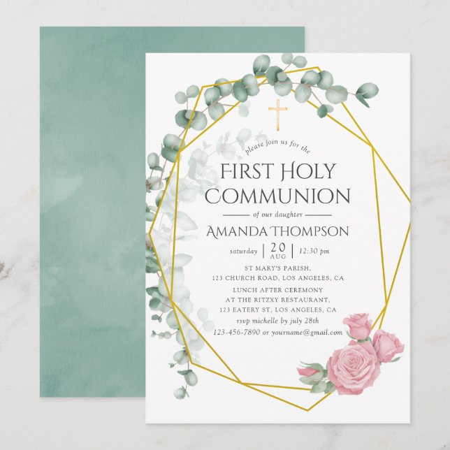 Eucalyptus Ro Geometric First Heliga Communion Inbjudningar (Fram/baksida)