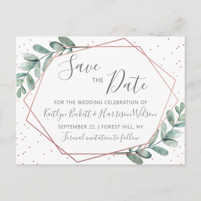Eucalyptus Ro Guld Geometric Save Date Meddelande Vykort (Framsida)