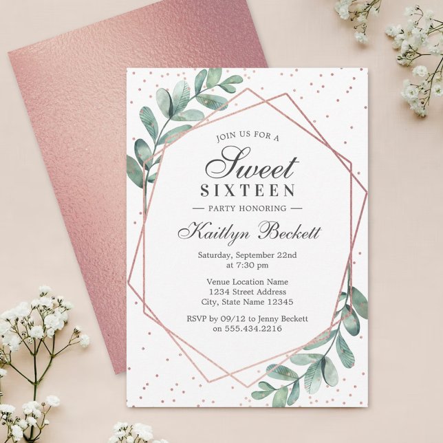 Eucalyptus Ro Guld Geometric Sweet sixteen Inbjudningar (Skapare uppladdad)